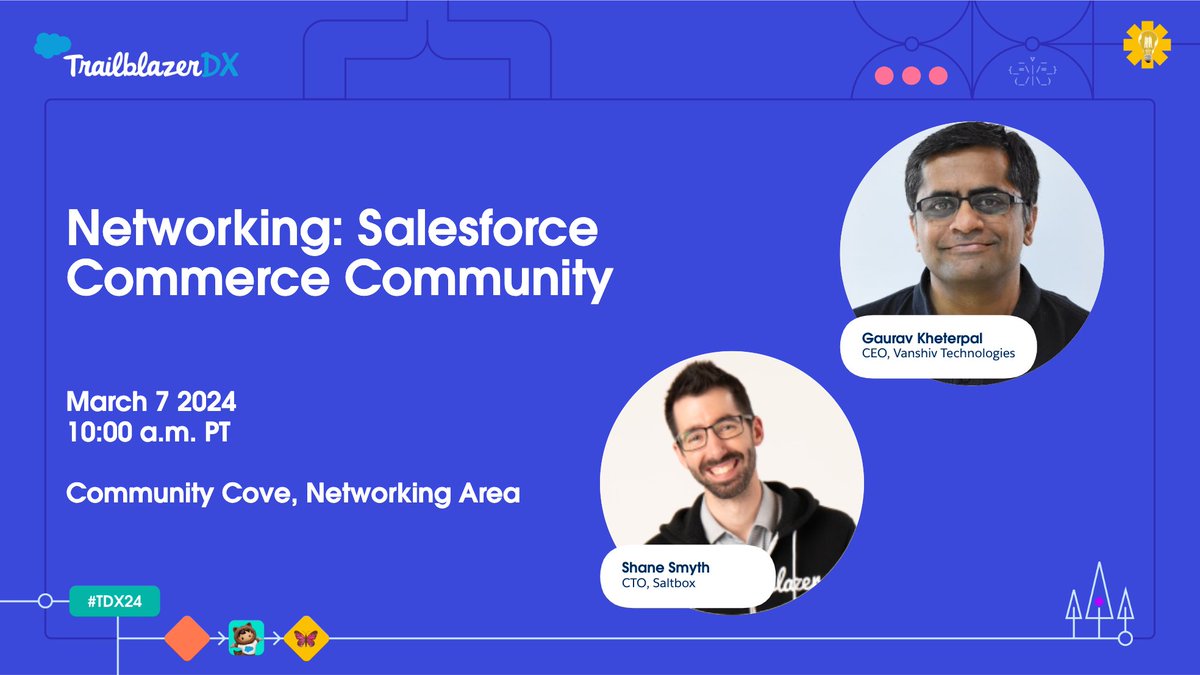 CommerceCloud's tweet photo. Looking to connect with other commerce experts at #TDX24 this week?
Don't miss this networking opportunity with the #CommerceCrew, hosted by Trailblazers @GauravKheterpal and @ShaneSmythSF on March 7th at 10 a.m. PT.
Register here to save your spot: https://t.co/Jy7ayD40OZ https://t.co/FyeHqwm5tM