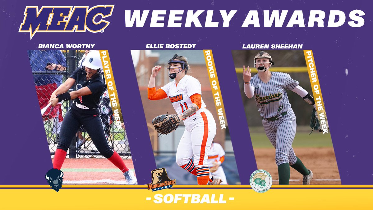 Congratulations to this week's MEAC Softball Player of the Week Honorees, presented by @CocaCola #MEACPride @nsuspartans @HUBisonSports @MorganStBears meacsports.com/news/2024/3/5/…