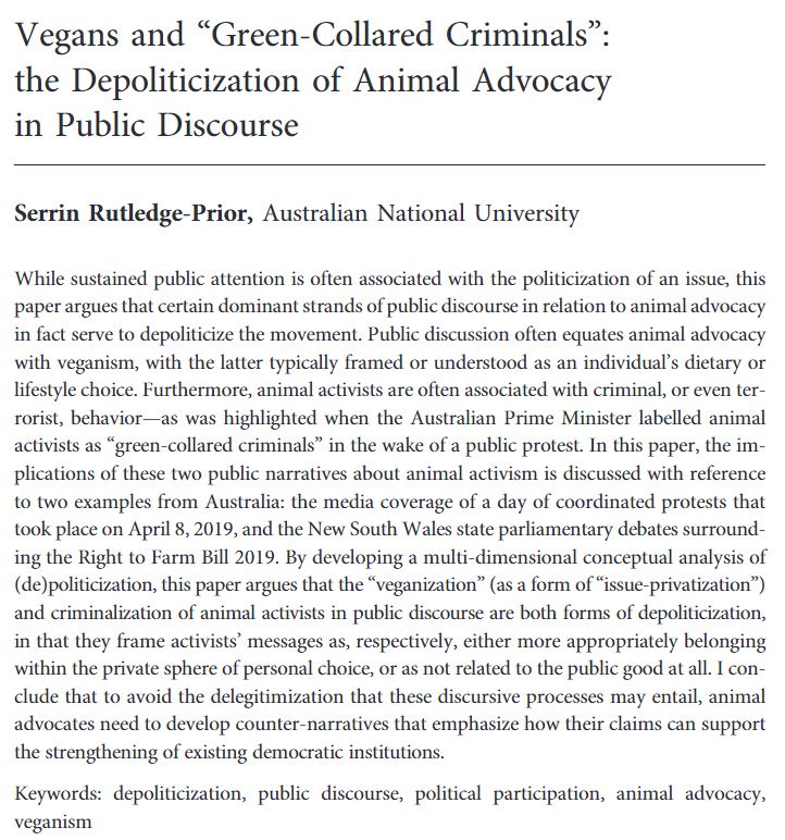 Serrin Rutledge-Prior's (@serrinrp) article #NowOut argues that 'the 'veganization' (as a form of 'issue-privatization') and criminalization of animal activists in public discourse are both forms of depoliticization. Read it here: journals.uchicago.edu/doi/10.1086/72…