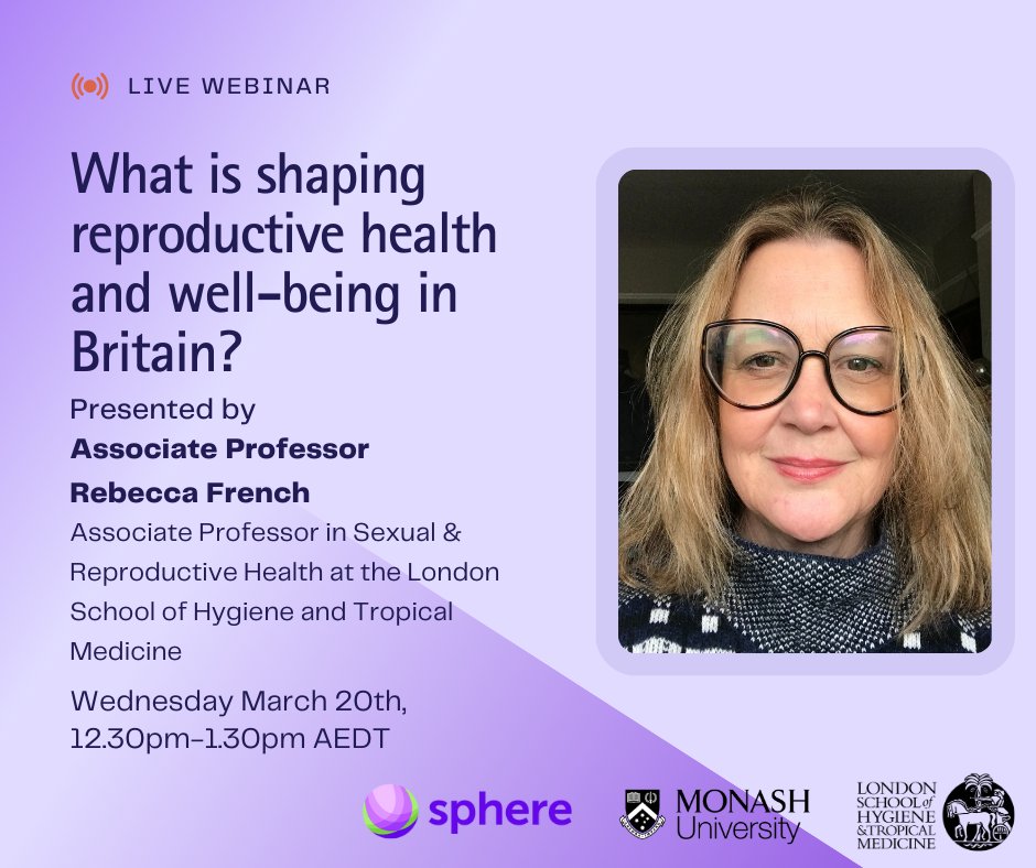 Event Reminder!

Join <a href="/RebeccaSFrench/">Rebecca French</a> (from <a href="/LSHTM/">London School of Hygiene & Tropical Medicine</a>) as she explores factors shaping reproductive health in Britain.  

Wed, March 20th, 12:30-1:30 PM AEDT.  

Register here: events.humanitix.com/rfwebinar

#webinar #reproductivehealth