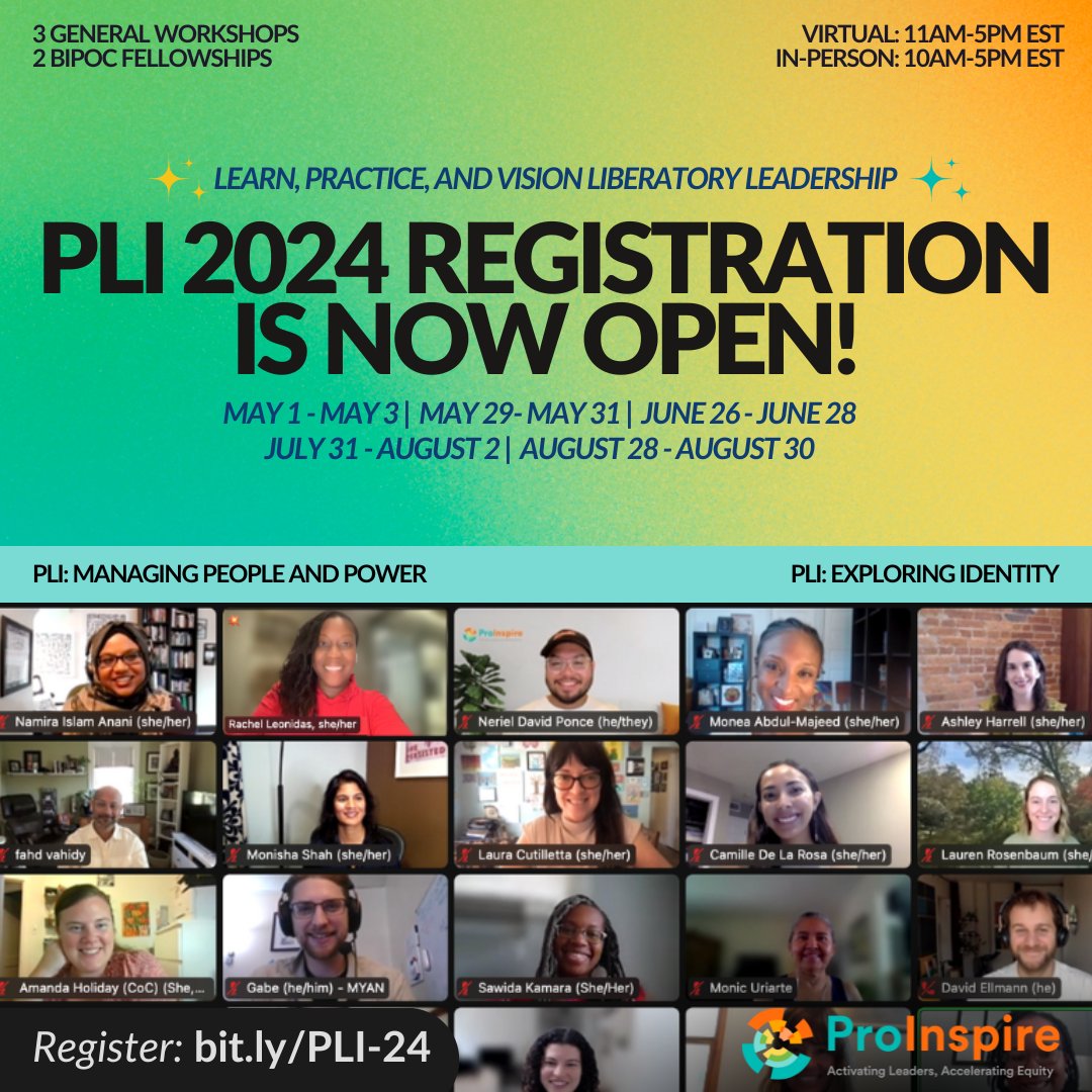 PLI 2024 registration is open!🎉 Designed to support leaders of all backgrounds in learning, practicing, and visioning liberatory leadership, we're excited to offer 5 PLI workshops. Register today and learn more about our new and returning offerings: bit.ly/PLI-24