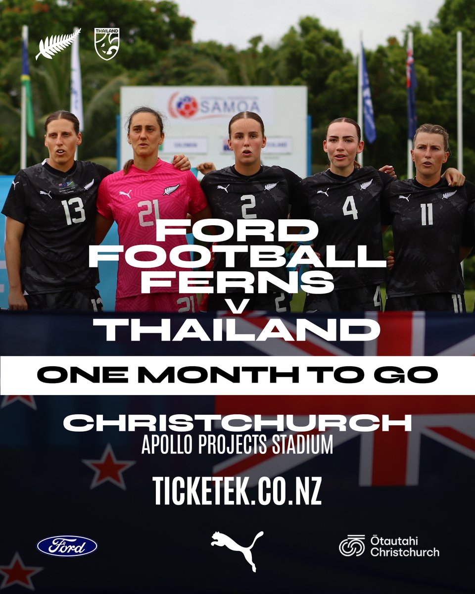 One month until The Ford Football Ferns are back in Aotearoa! 🇳🇿🇹🇭

Get your tickets now and watch their first games in New Zealand since the 2023 FIFA Women's World Cup 🌿

🎟 Tickets are free for U16s &amp; $20 for adults. Get yours today: premier.ticketek.co.nz/shows/show.asp…