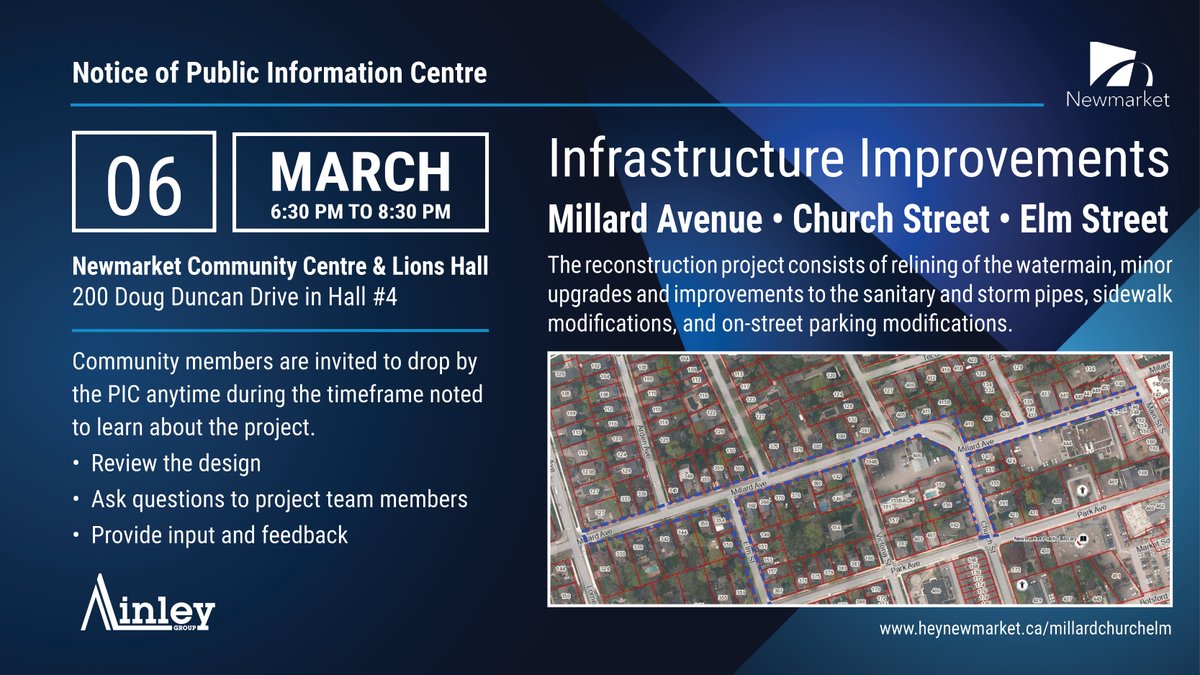 Join us tomorrow, Wed. March 6, 2024 with @TownofNewmarket for an informal drop-in #PIC regarding reconstruction of Millard Avenue, Church Street and Elm Street. Your voice matters, and we want to hear your thoughts! See you there! #CommunityMeeting #YourVoiceMatters #GetInvolved