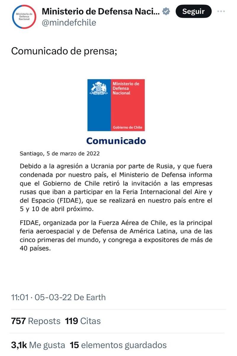 El 5 de marzo de 2022 el expresidente Piñera retiró invitación a empresas rusas por la agresión a Ucrana, hoy, el gobierno del presidente Boric hace lo mismo con Israel. Consistencia de Chile.