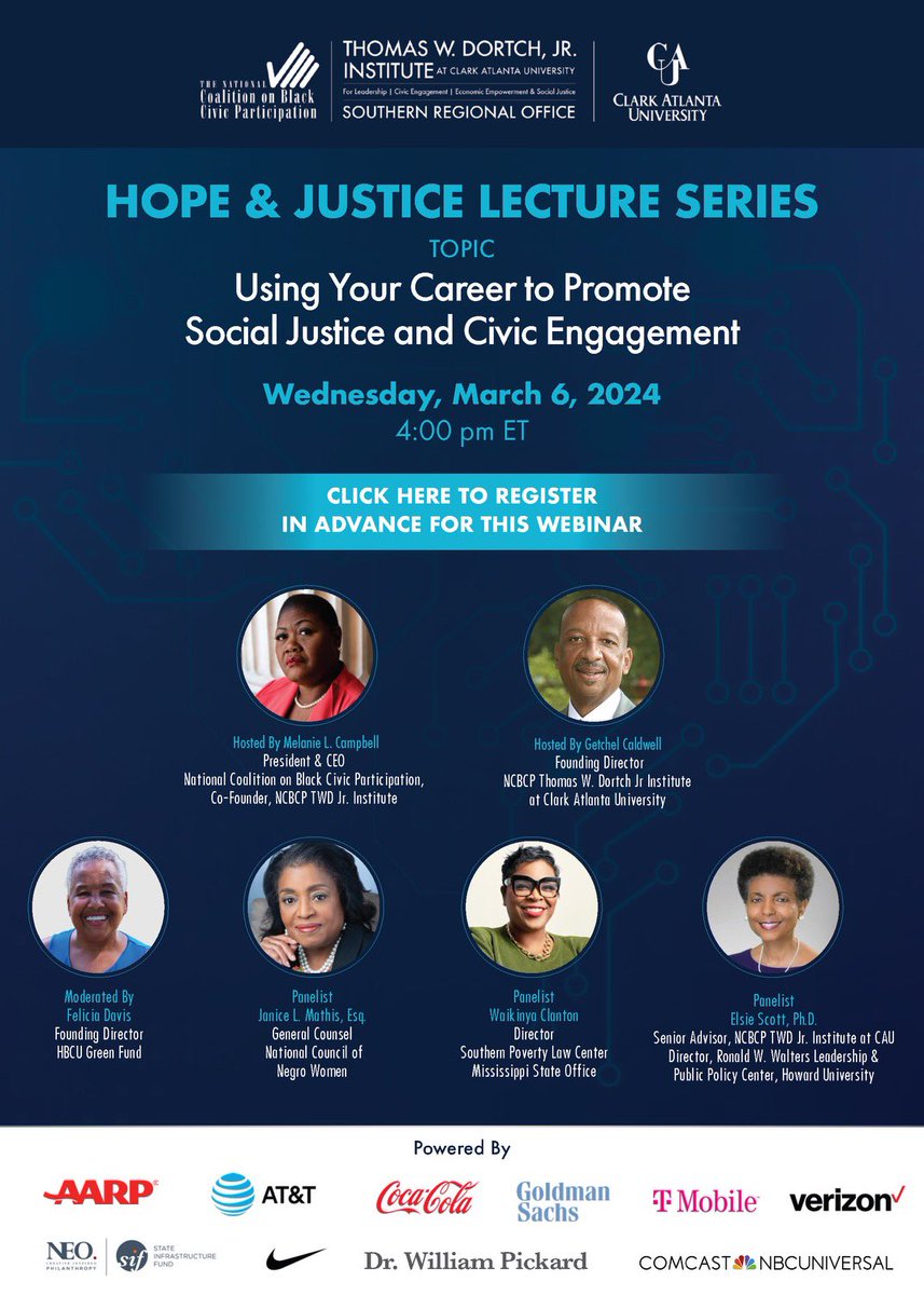 Promoting social justice through your career - join experts from @NCBCP, @TheGreenFund, @NCNW and @SPLCenter as they discuss using your work to advance civic engagement at CAU. Register now for the HOPE & JUSTICE LECTURE SERIES on Mar 6 at 4pm ET. bit.ly/HOPEandJUSTICE…