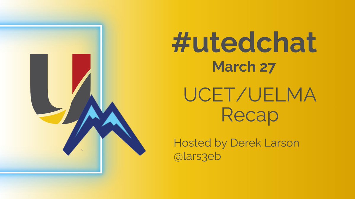 We can't wait for tonight's #utedchat at 8pm w/ @lars3eb & @UELMA_Utah - let's recap this year's conference. @covili @TeacherWinters @downrightdave @sedcclint @KBeddes @pamturley55 @CUES4Training @berylgirl @salliewarnecke @tricia_j @MrBowtieTech @plumhof @cnef @kaleyy @ruaniteit