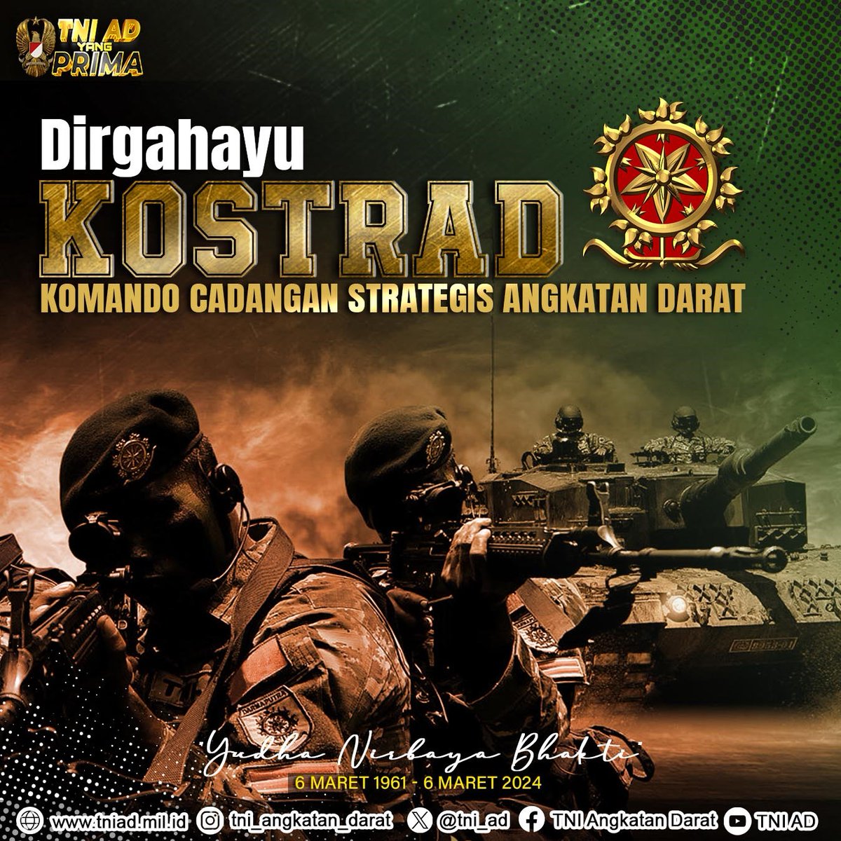 Dirgahayu Komando Cadangan Strategis Angkatan Darat
Tanggal 6 Maret 1961 - 6 Maret 2024
"Yudha Nirbaya Bhakti"

#TNIADDihatiRakyat
#TNIADPrima