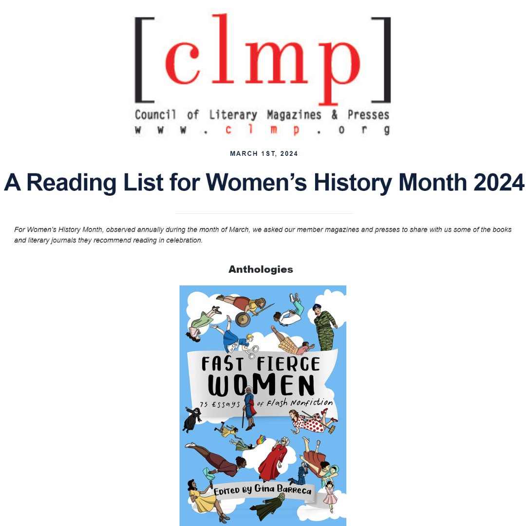Check out what #book is #1 on @CLMPorg list of #WomensHistoryMonth2024 #MustReadBooks: @TheGinaBarreca's #anthology #FASTFIERCEWOMEN‼️

Gina's #book: bit.ly/434iyUR

#femaleauthors #flashnonfonfiction #womenauthors #herstory #womensempowerment #clmp #WomensHistoryMonth