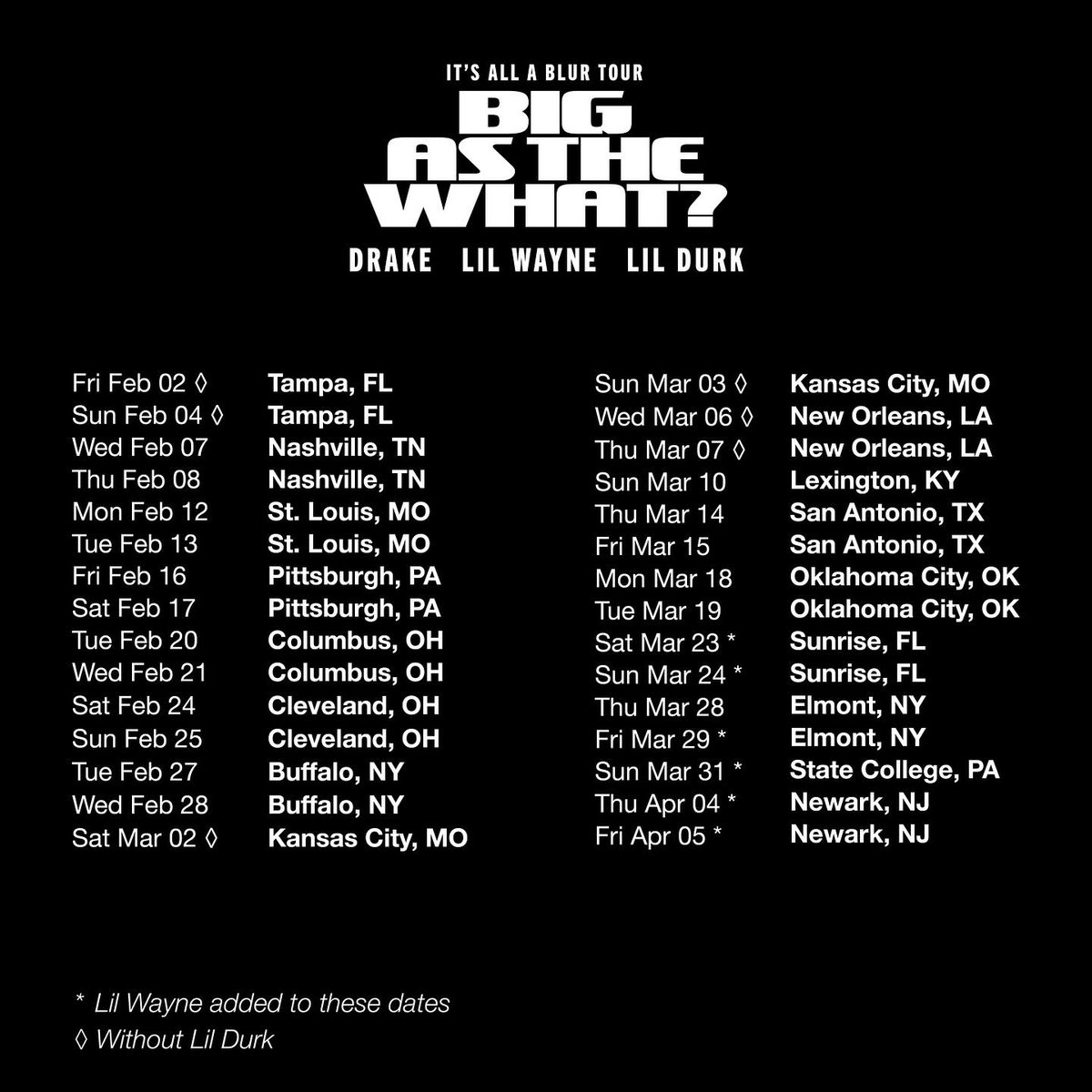 It’s All A Blur Tour: Big As The What updates!! @LilTunechi will be joining @Drake and @lildurk in select cities, with two additional shows added in Newark, NJ For information on your location and presale details for new dates, click here: drakerelated.com/pages/tour