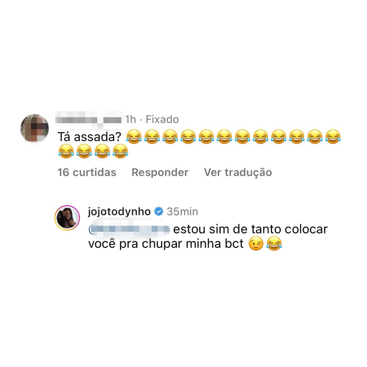 choquei's tweet photo. 🚨FAMOSOS: Jojo Todynho rebate comentário de seguidora que falou que ela estava assada: “Estou sim, de tanto colocar você pra chupar minha buceta”. https://t.co/26zModH3rH