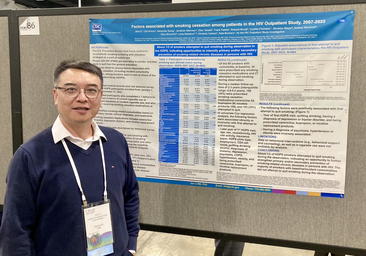 Dr. Jun Li of <a href="/CDCgov/">CDC</a> &amp; the HOPS cohort in <a href="/NAACCORD/">NA-ACCORD</a> sharing his work on smoking cessation outcomes among PWH at #CROI2024