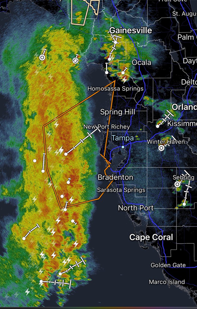 Line of storms approaching the coastline. Strong winds and waterspouts are possible