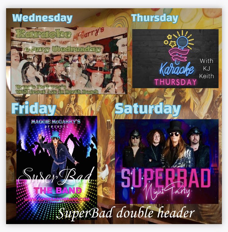 The week ahead… Back to back #karaoke with KJ Eileen at the helm on Wednesday followed by KJ Keith on Thursday Friday , Saturday night we have a rare back to back. 2 chances to see one of the best in the biz’ #superbadtheband #northbeach is rockin’