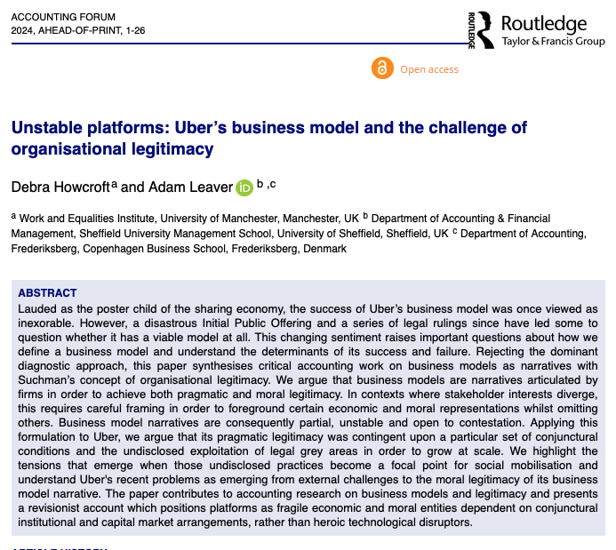 Accounting Forum (@tandf_accforum) on Twitter photo Hot Off the Press in #AccForum- Unstable platforms: #Uber’s business model and the challenge of #organisational #legitimacy by Debra Howcroft & @AdamLeaver1
<a href="/UniversityManch/">UniversityManchester</a> <a href="/sheffielduni/">The University of Sheffield</a> <a href="/CBScph/">Copenhagen Business School</a> <a href="/CraficU/">CRAFiC_UOS</a>
#Platformcompanies #criticalaccounting
tandfonline.com/doi/full/10.10… Hot Off the Press in #AccForum- Unstable platforms: #Uber’s business model and the challenge of #organisational #legitimacy by Debra Howcroft & @AdamLeaver1
<a href="/UniversityManch/">UniversityManchester</a> <a href="/sheffielduni/">The University of Sheffield</a> <a href="/CBScph/">Copenhagen Business School</a> <a href="/CraficU/">CRAFiC_UOS</a>
#Platformcompanies #criticalaccounting
tandfonline.com/doi/full/10.10…