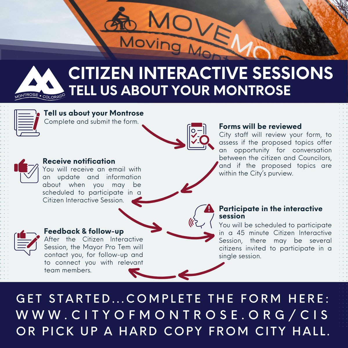 We are excited to launch a new way for citizens to engage and participate. Our new Citizen Interactive Sessions have been designed to provide enhanced opportunities for citizen engagement, feedback, and input. Find out more here: cityofmontrose.org/CIS