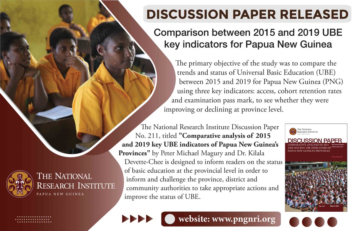 DISCUSSION PAPER RELEASED: 'Comparative analysis of 2015 and 2019 key UBE indicators of Papua New Guinea’s Provinces' Publication: lnkd.in/gCjV-2kC Media Release: lnkd.in/gjtu7SZe