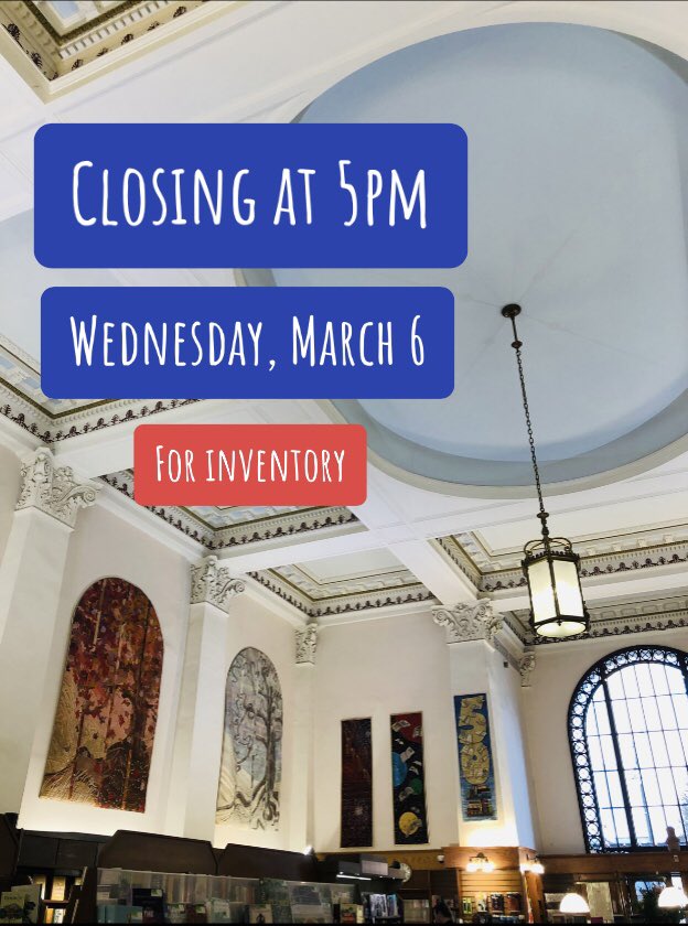 Closing at 5pm on Wednesday, March 6 for inventory! The kids’ section (among others) will be closing to browsing in the afternoon, so come early if you’re looking to peruse. #yyj