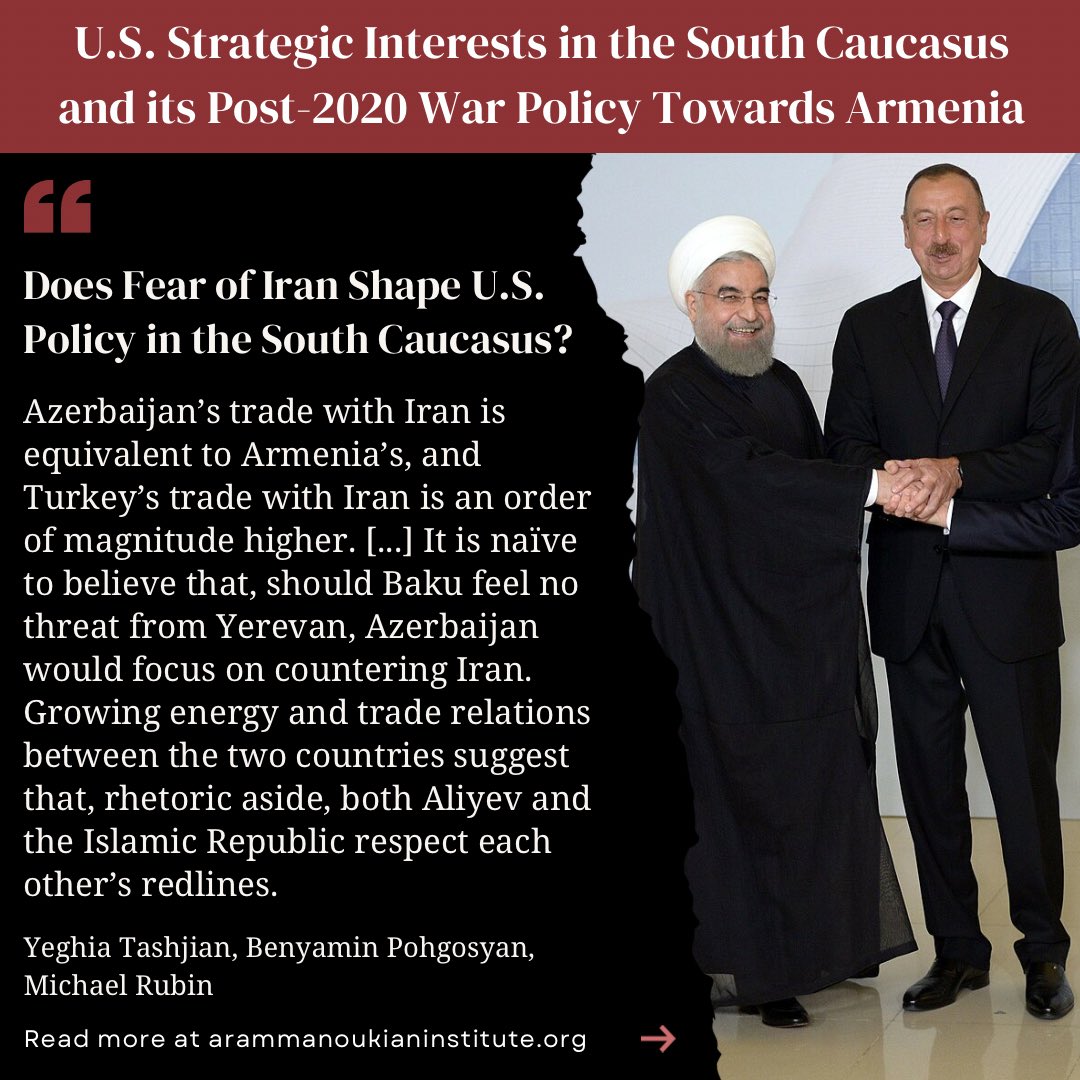 ManoukianInst's tweet image. .@yeghig, @benyamin_poghos, and @mrubin1971 examine the expanding relations between Azerbaijan, Turkey, and Iran, despite America's efforts to isolate Iran.
Read more from the policy paper by visiting arammanoukianinstitute.org
