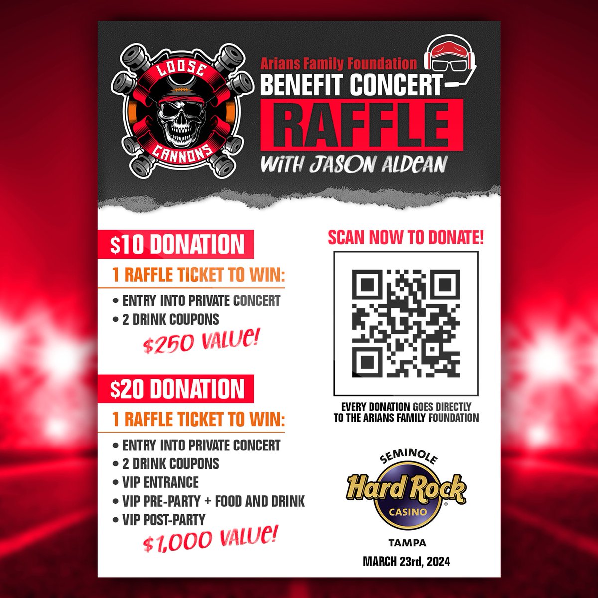 #Bucs fans, YOU can help us raise $20,000 for the @AriansFF for as little as $10, and you could win entry to a private Jason Aldean concert and more! Every $10 or $20 donation = 1 raffle ticket towards one of two raffle prizes, including a PRIVATE VIP Pre-Party and Post-Party!