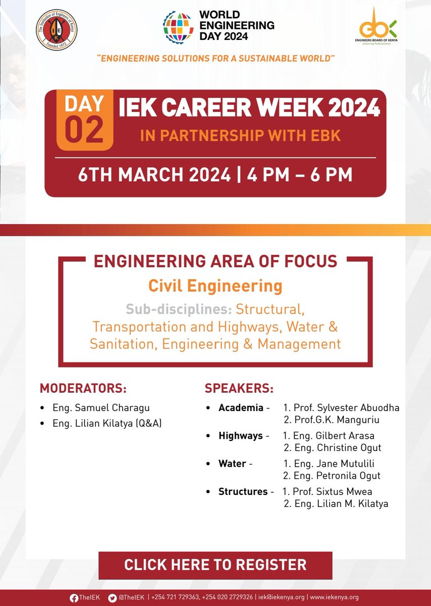 We welcome university engineering students to join us today for Day 2 of the #WorldEngineeringDay2024 Career Week. The discipline of focus shall be Civil Engineering. See you then! @uonbi @DiscoverJKUAT @MMUST_Kenya @MurangaUni @KilatyaLilian #mentorship