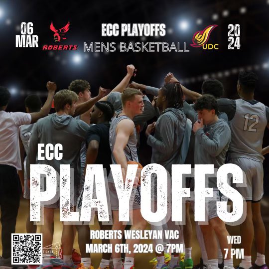 LOCK IN !!!

Roberts Wesleyan University Men’s Basketball welcomes University of the District of Columbia in the first round of the ECC tournament tomorrow at 7:00 PM inside the VAC

Everyone come support your Redhawks as we look to PAC the VAC tomorrow.