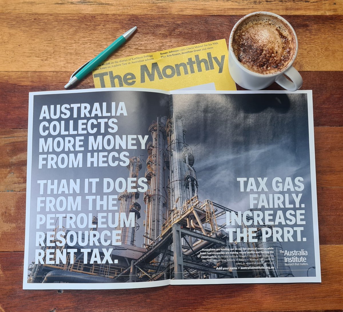 Australia collects more money from HECS than it does from the PRRT. #auspol #climate We put this ad in @THEMONTHLY, calling for the Aus Govt to tax gas fairly. ✍️Sign our petition to increase the PRRT here: nb.australiainstitute.org.au/increase_the_p…