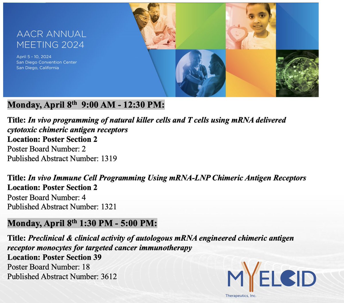 Mark your calendars for Myeloid's updates on our RNA Immunotherapies at the #AACR24 next month. Join us to learn about our cutting-edge approach and its potential impact on cancer immunotherapy tinyurl.com/4f43ezzh