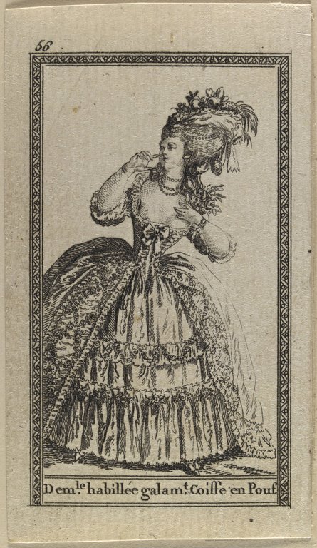 A fashion illustration from "Almanach galant des costumes français," circa 1780s.