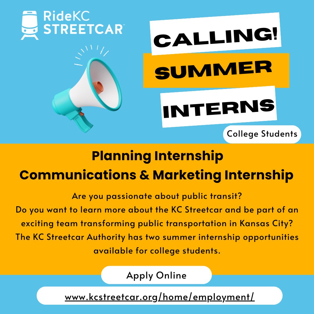 The #kcstreetcar summer internship program is here & ready for your applications. There are 2 amazing opportunities to work w/ the streetcar team this summer: Planning and Marketing/Communications. Learn more & apply online: kcstreetcar.org/home/employmen…