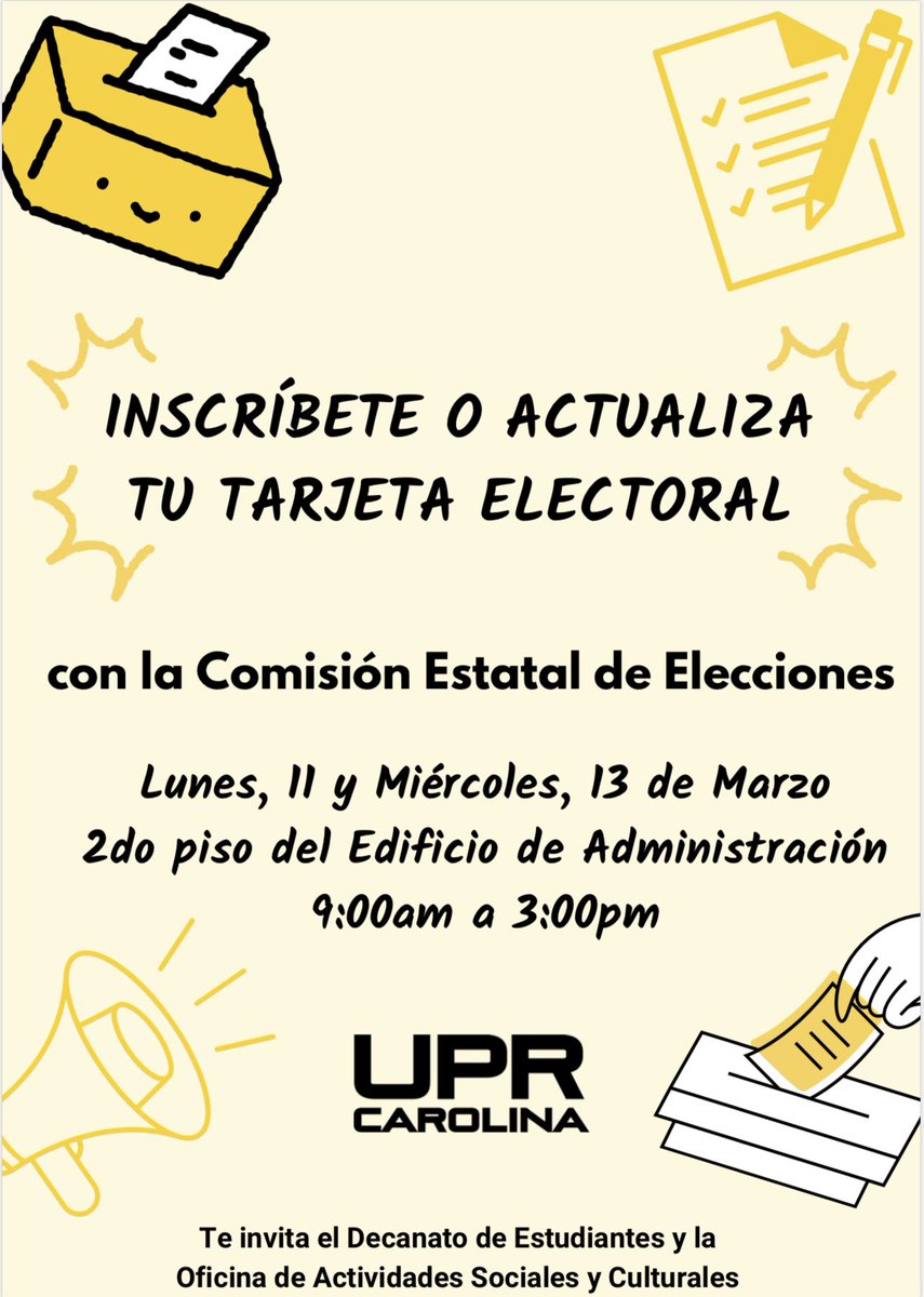 PRÓXIMA SEMANA-La Junta de Inscripción Permanente estará en nuestro recinto. 🗓️ 11 y 13 de marzo (lunes y miércoles) ⏰9:00 a.m. a 3:00 p.m. 📍 2do piso - Edificio de Administración ¡Aprovecha esta oportunidad e inscríbete!