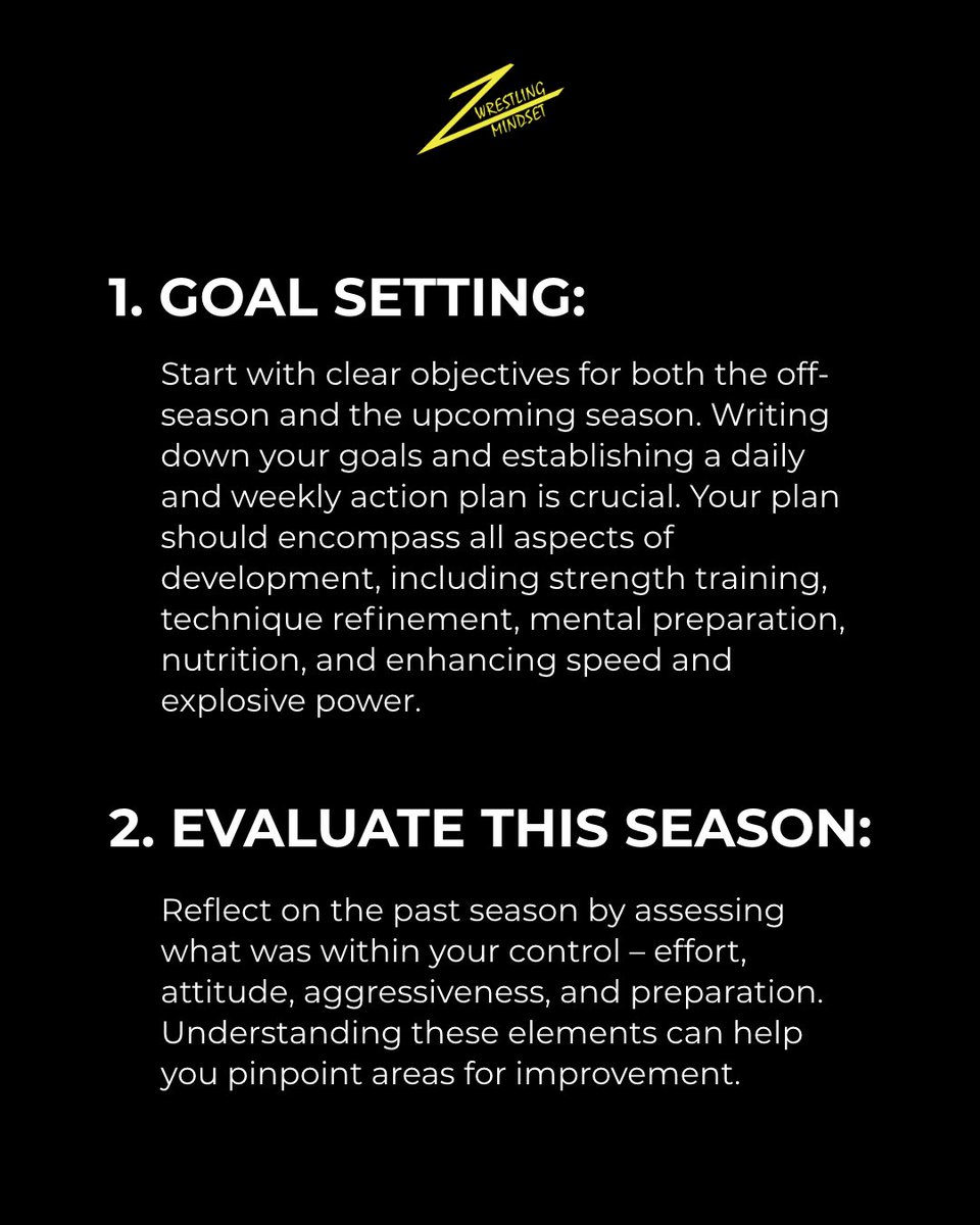 WrestlingMindse's tweet image. The off-season is the perfect time for self-improvement in both physical and mental capacities. 

Use this off-season checklist to set yourself up both physically and mentally to level up next season.

#wrestlingmindset #coaching #mentaledge #offseason #improve