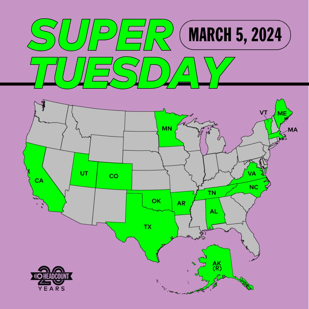 Today 15 states are holding their presidential primaries. Find your state’s election info on HeadCount.org! @HeadCountOrg #SuperTuesday