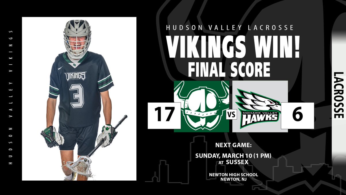 VIKINGS WIN! Men's lacrosse improves to 2-0 after defeating Mohawk Valley 17-6 in their home-opener at the Outdoor Athletic Complex! #GoVikings
