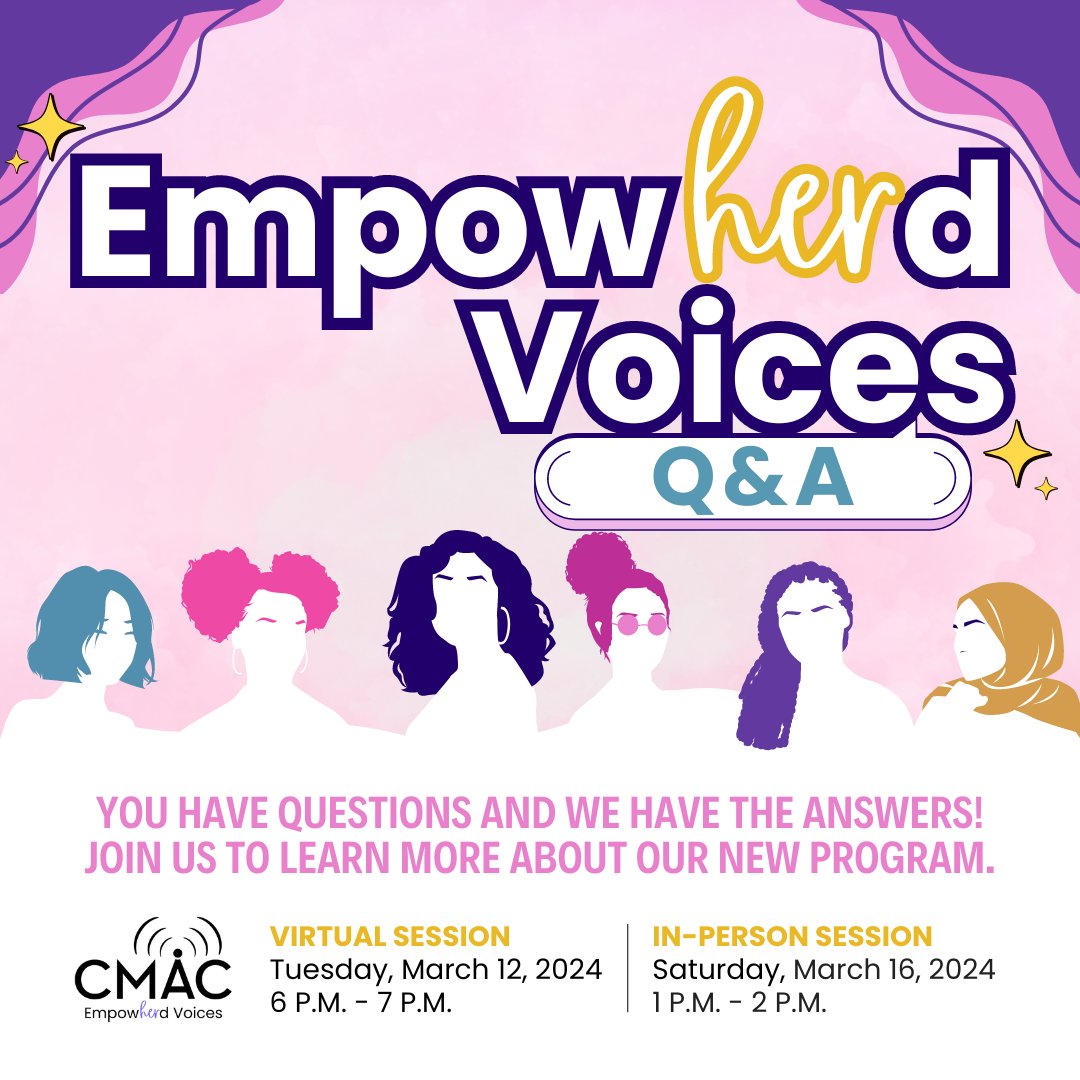 💬 Join us for #EmpowHERdVoices Q&A Sessions!💡 Learn about our program, connect with the team, and ask your burning questions! 💻 Virtual: Tuesday, March 12, at 6 p.m. via Zoom 🏢 In-Person: Saturday, March 16, at 1 p.m. at CMAC 🚀💫 cmac.tv/empowherd/ #CommunityMedia