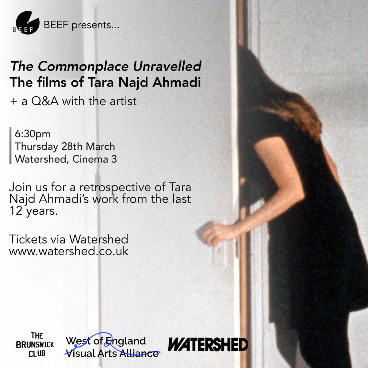 The third part of BEEF presents programme will start on 28'th March with the screening of films by Tara Najd Ahmadi at <a href="/wshed/">Watershed</a> 
Tara Najd Ahmadi is an Iranian artist and filmmaker whose playful camera reveals subtle socio-political nuances beneath the everyday experience.
