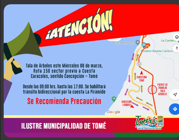 Corte de tránsito afectará mañana a la cuesta Caracol ruta 150 hacia Tomé por tala de árboles, a partir de las 09 hasta las 17 horasSe habilitará tránsito bidireccional por cuesta La Pirámide Gentileza y Fuente: Octava Bio bio Comunicaciónes