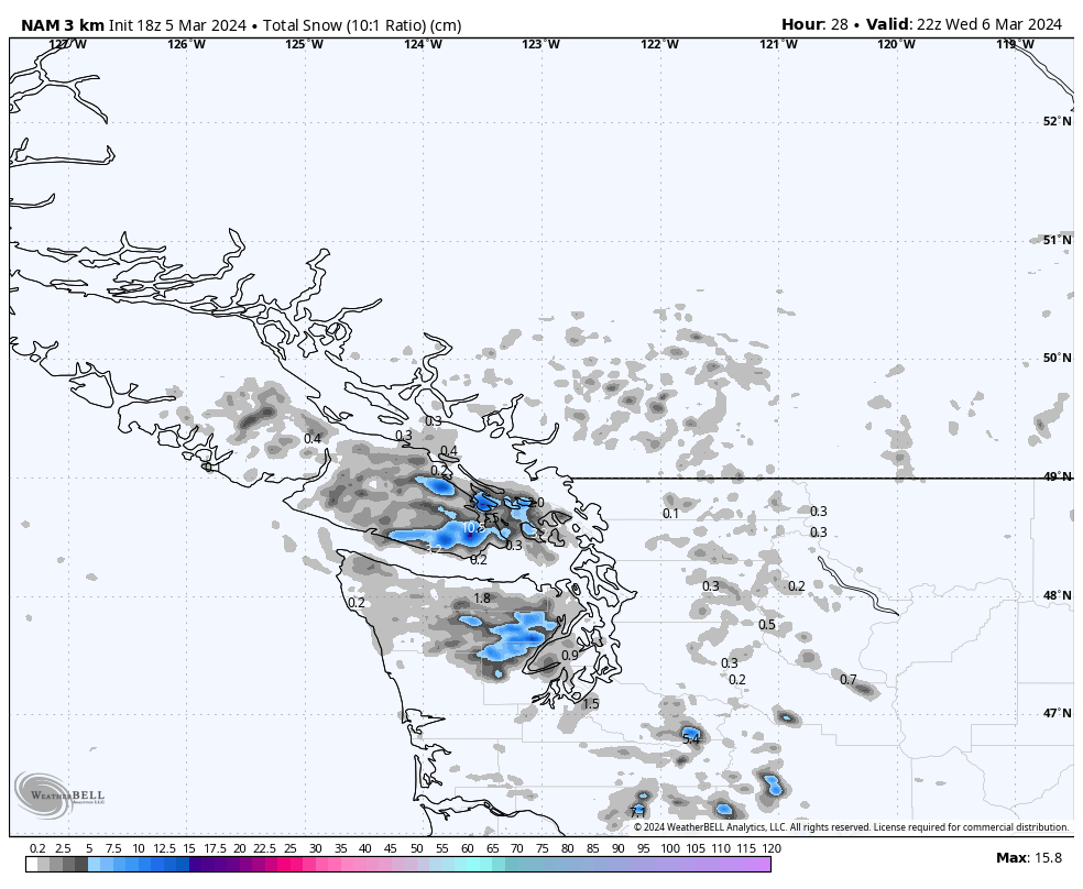 A temperature difference between the lower atmosphere and sea surface temperature will bring a fascinating feature tomorrow. Strait-effect snow? #BCSnow