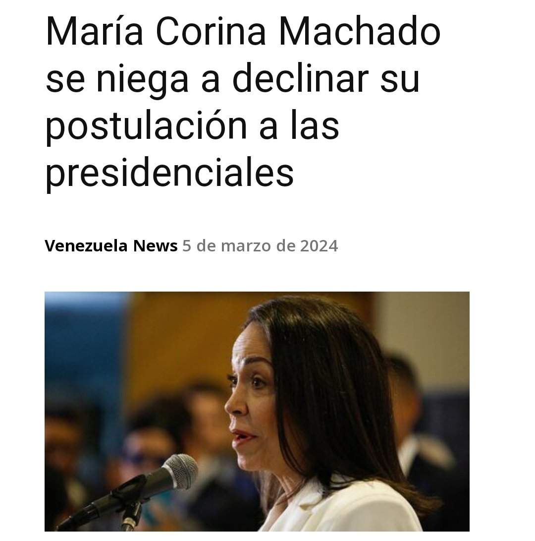 ESTA MUJER DEFINITIVAMENTE ESTÁ DE PSIQUIÁTRICO 

Este martes la coordinadora nacional del partido Vente Venezuela, María Corina Machado, descartó la idea de declinar su postulación a las elecciones presidenciales y nombrar a un candidato sustituto, a pesar de que el Tribunal