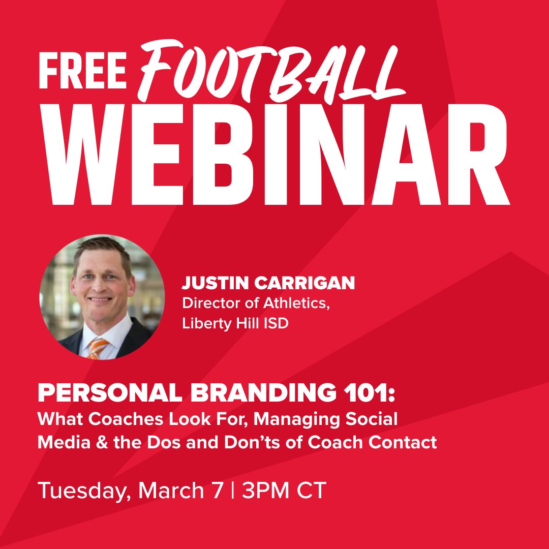 FREE <a href="/BSNSPORTS/">BSN SPORTS</a>  Football Webinar, “Personal Branding 101: What Coaches Look For, Managing Social Media, the Do’s and Don'ts of Coach Contact,” hosted by Justin Carrigan, Director of Athletics, Liberty Hill ISD RSVP: bsnsports.com/ib/personal-br… March 7 - 3PM CST <a href="/BSN_NewEngland/">BSN Sports New England</a>