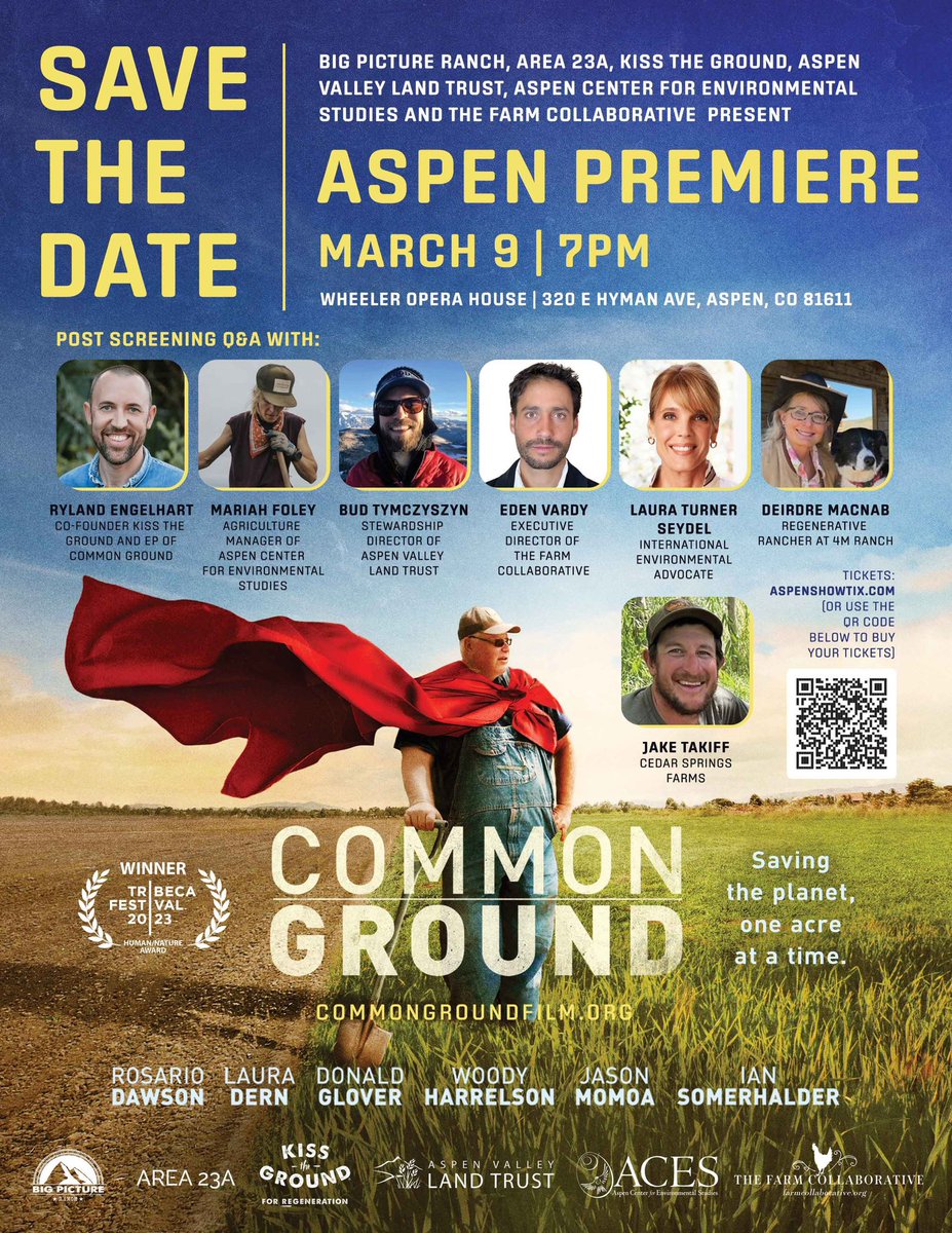 Common Ground (Movie) (@commongrounddoc) on Twitter photo Attention #Aspen and surrounding towns: Come see the film that's catalyzing a #soil health movement to reverse desertification, boost biodiversity, and restore Earth's small water & carbon cycles all while growing nutrient-dense foods!
Join us at <a href="/WheelerOpera/">Wheeler Opera House</a> on Saturday, March Attention #Aspen and surrounding towns: Come see the film that's catalyzing a #soil health movement to reverse desertification, boost biodiversity, and restore Earth's small water & carbon cycles all while growing nutrient-dense foods!
Join us at <a href="/WheelerOpera/">Wheeler Opera House</a> on Saturday, March