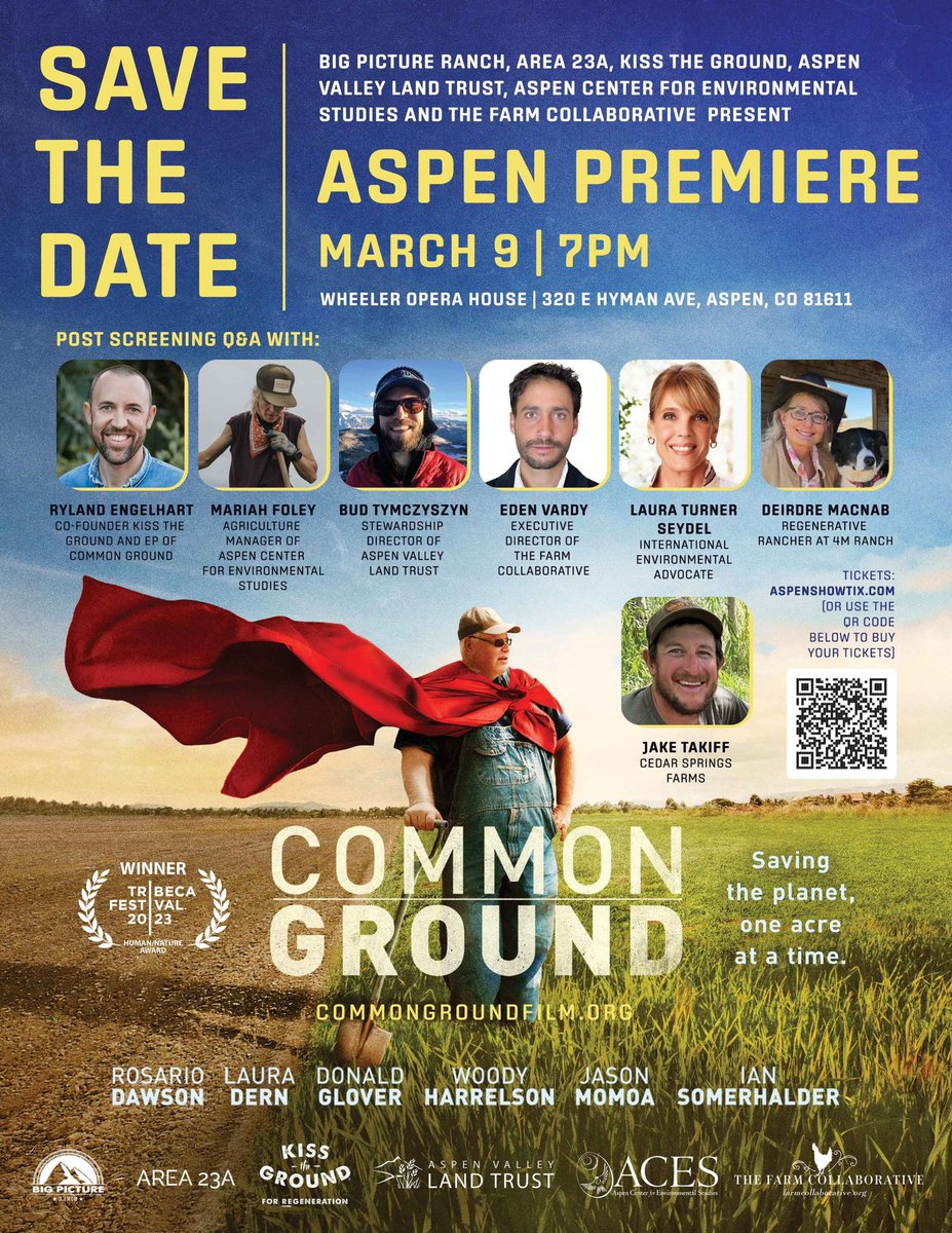 Attention #Aspen and surrounding towns: Come see the film that's catalyzing a #soil health movement to reverse desertification, boost biodiversity, and restore Earth's small water & carbon cycles all while growing nutrient-dense foods! Join us at @WheelerOpera on Saturday, March