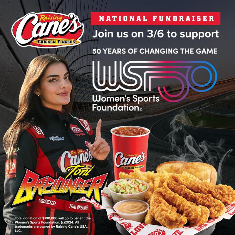Help us support women in sports! Tomorrow March 6th, in advance of International Women's Day, @raisingcanes is donating $100,000 to the @WomensSportsFdn to help enable girls and women to reach their potential in sports and life. Stop by your local Raising Cane's to help support…