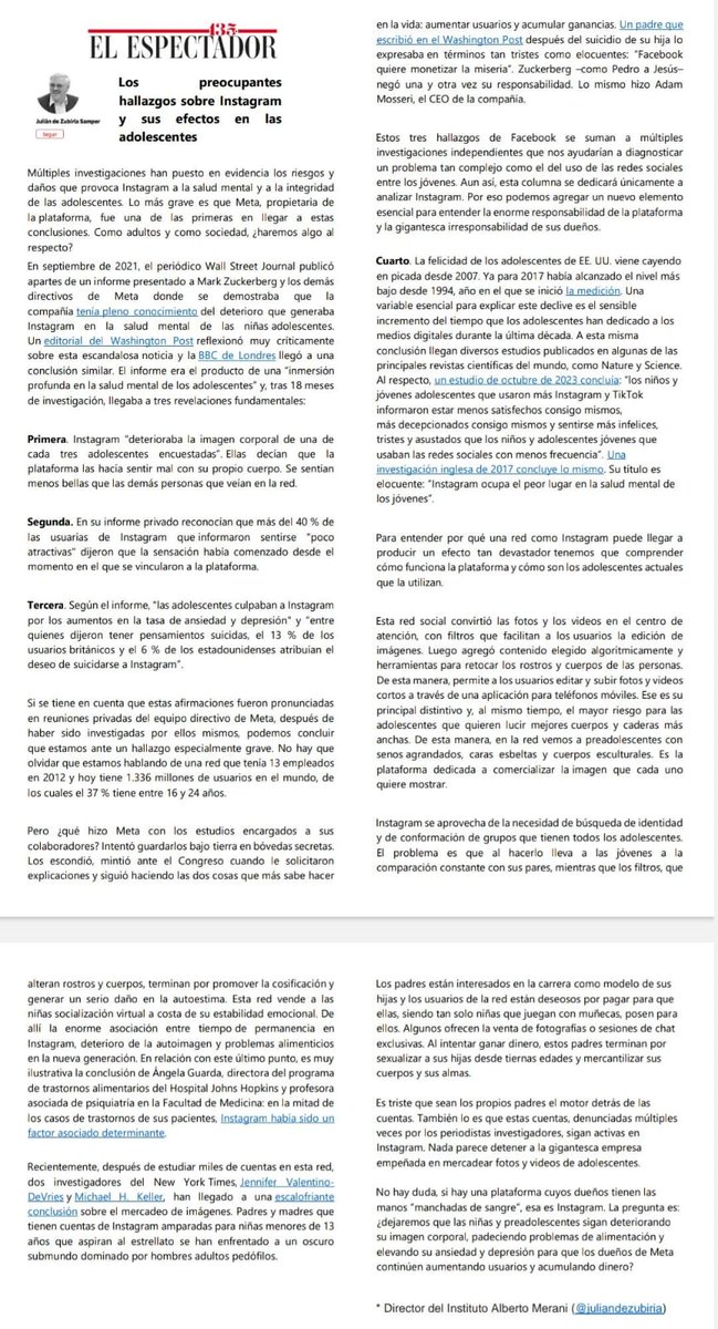 juliandezubiria's tweet image. Estudios de Meta llegaron a dos conclusiones sobre Instagram e intentaron ocultarlas:
1. La plataforma deteriora la imagen corporal de las jóvenes. 
2. Aumenta su tasa de ansiedad y depresión.
En mi nueva columna, analizo por qué pasa eso. #instagramdown acortar.link/Efectosinstagr…