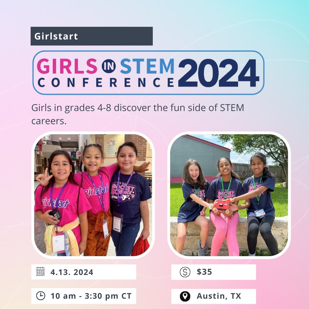 Registration is open for the 2024 Girls in STEM Conference, designed for girls in grades 4-8 interested in exploring exciting STEM careers. $35 includes pizza lunch and a t-shirt. Registration closes on 4/1. Register your young STEM leader today! bit.ly/3P40zbx.