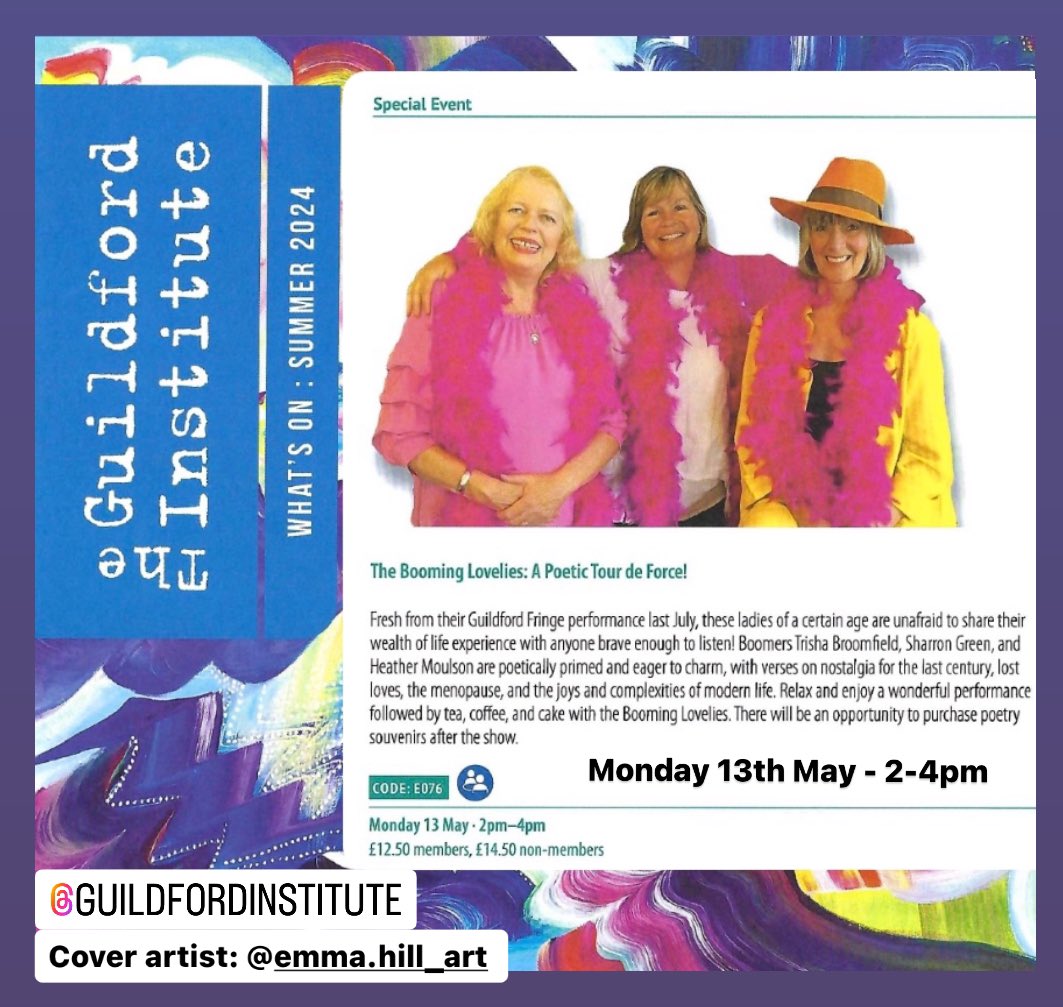 Delighted to receive a copy of the @GuildfordInst Summer Brochure 🎉 The @BoomingLovelies are thrilled to be appearing as a #specialevent with tea, coffee and cake 🍰 on Monday May 13th from 2-4pm 💕 Ticket sales are now open via guildford-institute.org.uk/event/the-boom… 🎟️ @HeatherMoulson