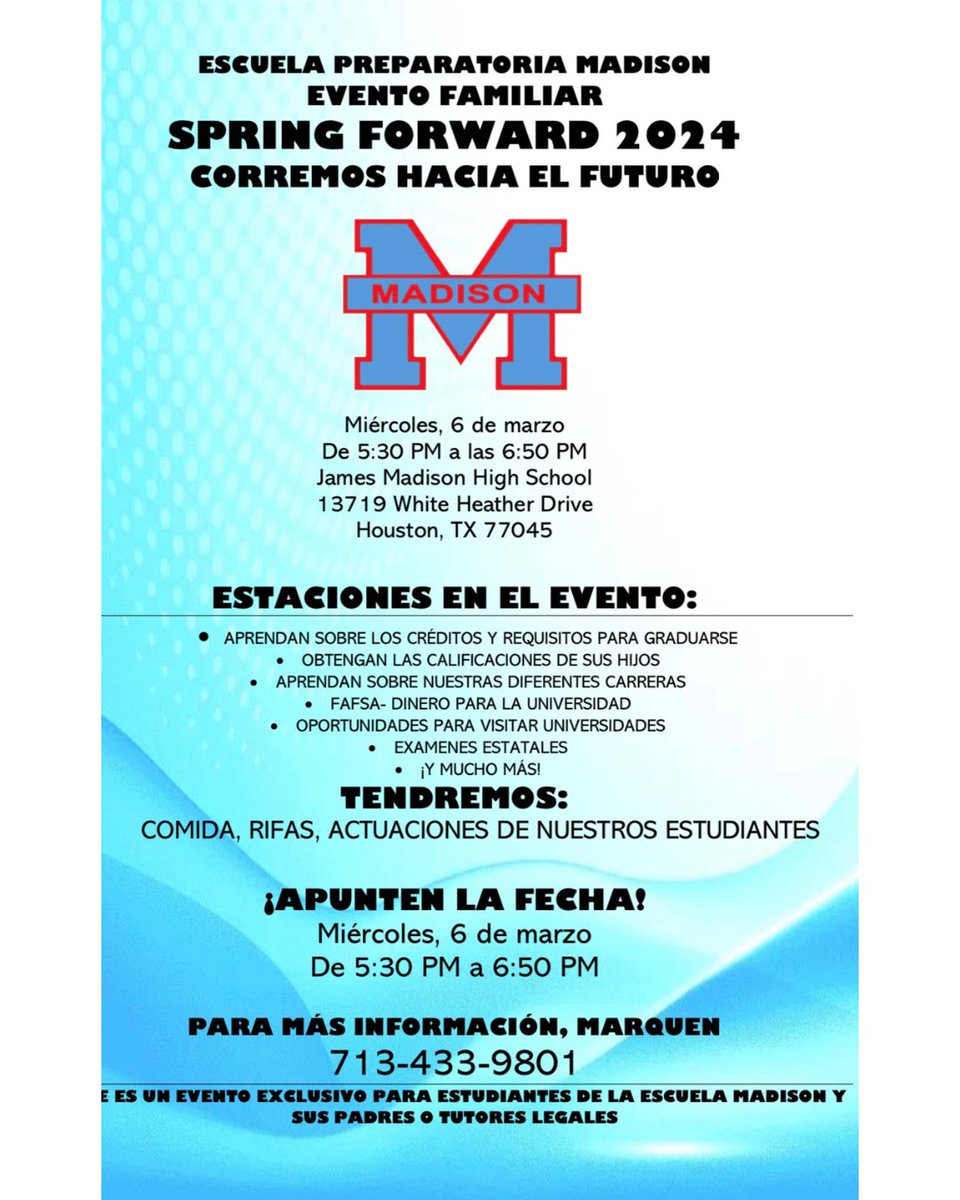 🎓✏️SPRING FORWARD 2024! Come out tomorrow night and join us as we discuss upcoming test dates, graduation requirements, field trip opportunities and more! This event will be from 5:30pm-6:50pm. See you then! #MarlinNation #HISDSouth