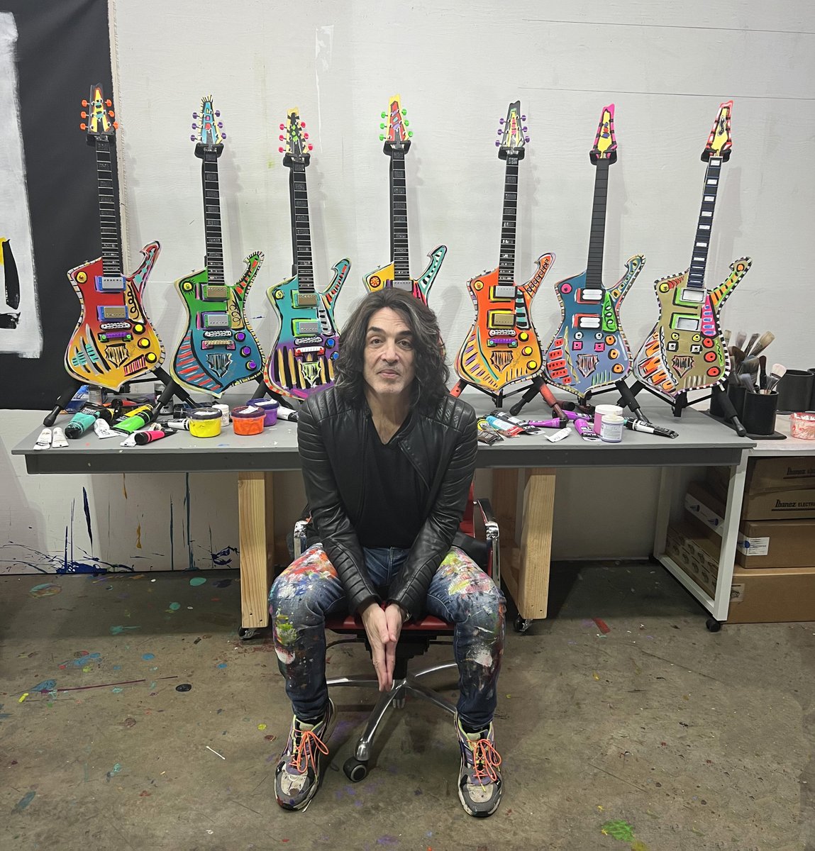 At My Studio. Putting the canvases away for now and PAINTING ON GUITARS! Why Not?!?! Signed, framed and on a wall they're pretty awesome. Wentworthgallery.com
