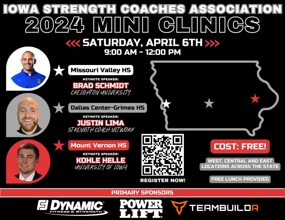 Mini Clinics are BACK… April 6th! 👀

3 regional opportunities across the state (west, central, east). Come learn from our outstanding speakers &amp; connect with some of the best coaches in Iowa!

Best part? Mini Clinics are 100% FREE!
Register now 🔗: forms.gle/T2BfzEsruuTwH5…