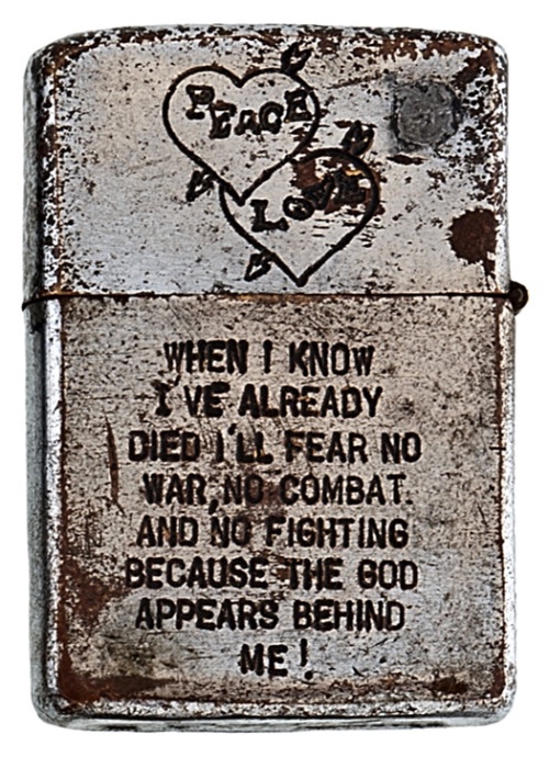 Engraved Zippo lighters carried by American soldiers in Vietnam.