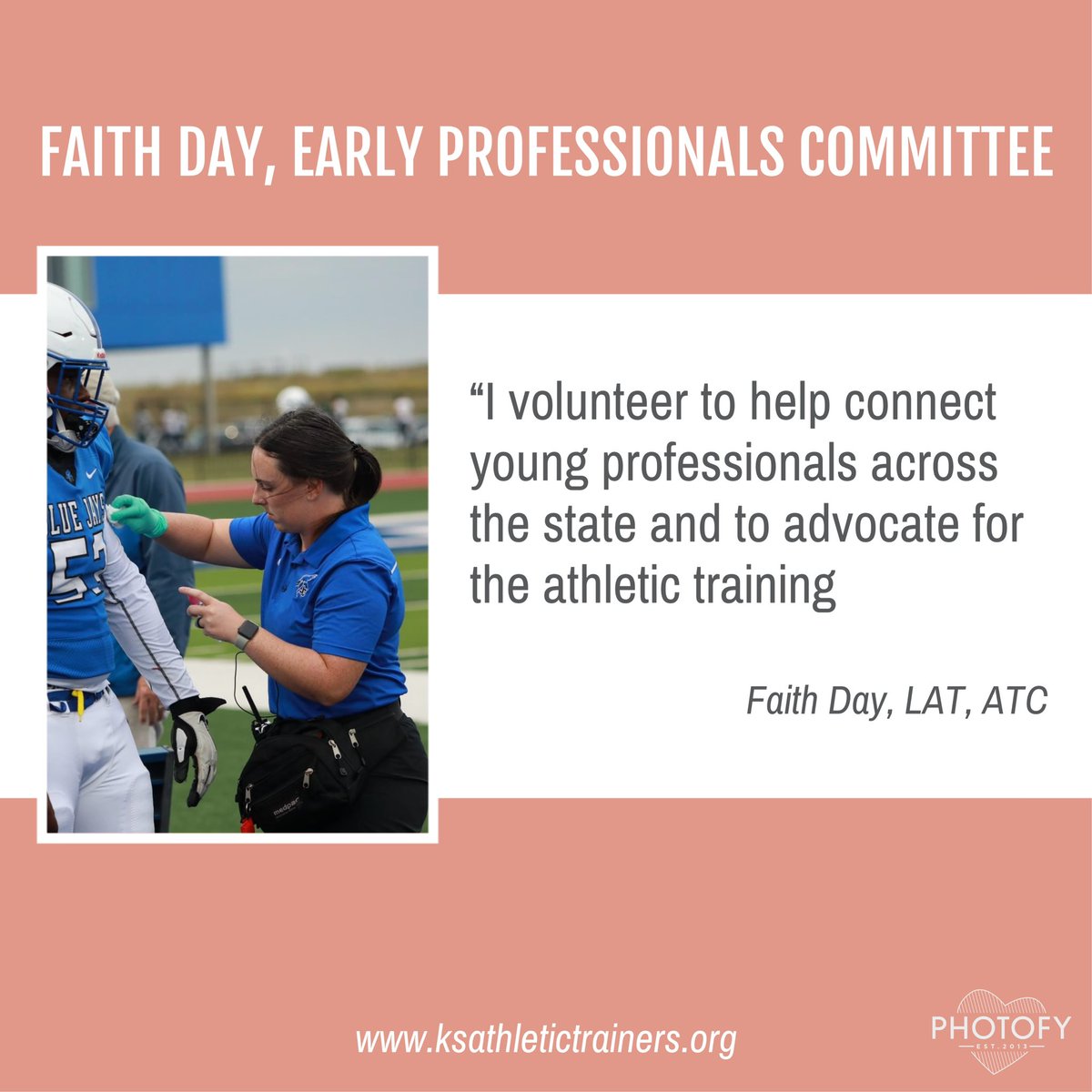 KansasATS's tweet photo. ✨Committee Highlight✨

Faith Day is an athletic trainer at Junction City High School and enjoys volunteering with the early professionals committee to connect with other athletic trainers. 

To see a full list of committees, visit the KATS website at https://t.co/sbI244WGZX https://t.co/JGpxHQaOVn
